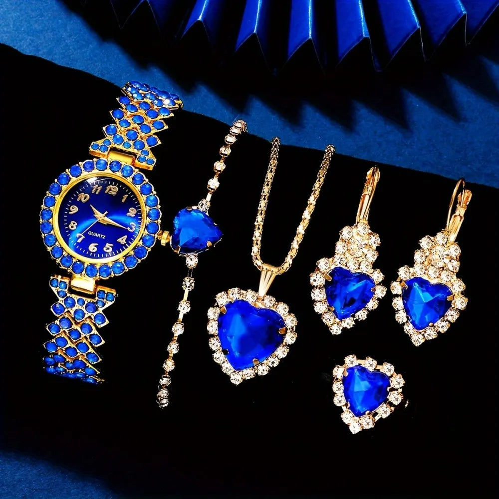 6PCS Elegant Women's Fashion Jewelry and Watch Set, Ladies Blue Rhinestone Dial Quartz Wristwatch,Female Jewelry Watches Set
