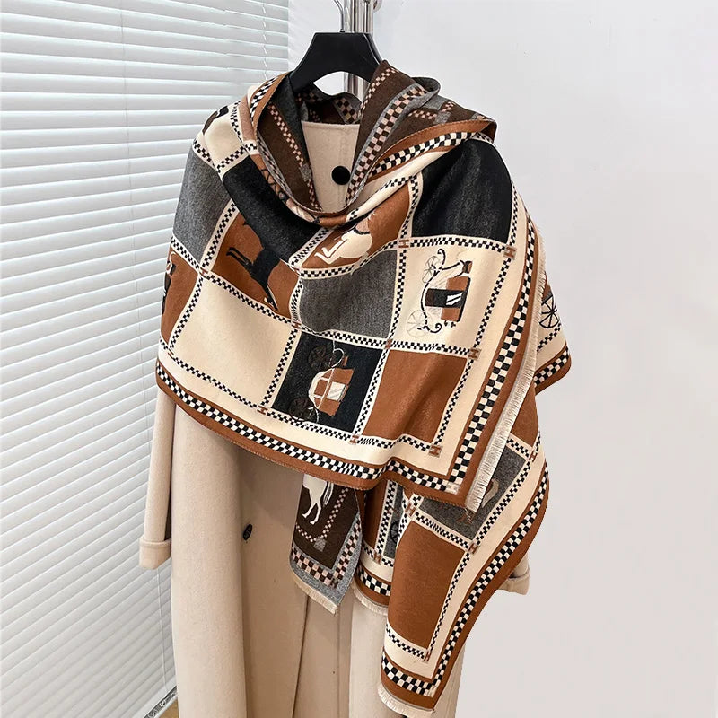 Luxury Warm Poncho Cashmere Winter Women Scarf Horse Print Shawl Wraps Female Thick Pashmina Blanket Bufanda Travel Echarpe 2024
