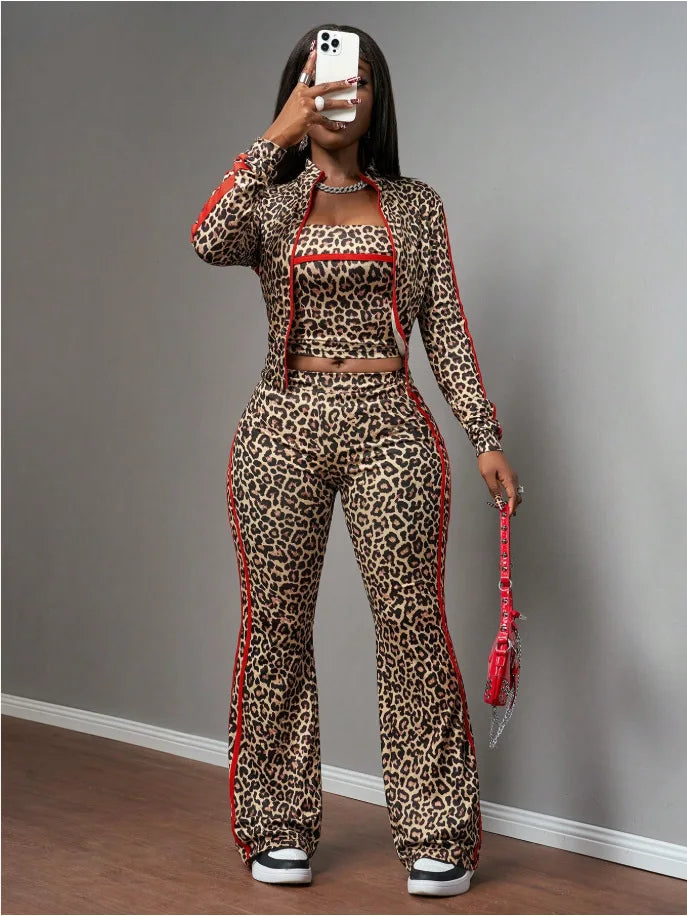 FAGADOER Women Leopard Print 3 Piece Outfit Tube Top Long Sleeve Zip Jacket High Waist Pants Sexy Y2K Clubwear Streetwear Set