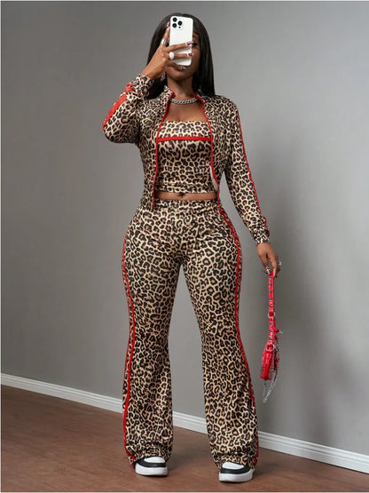 FAGADOER Women Leopard Print 3 Piece Outfit Tube Top Long Sleeve Zip Jacket High Waist Pants Sexy Y2K Clubwear Streetwear Set