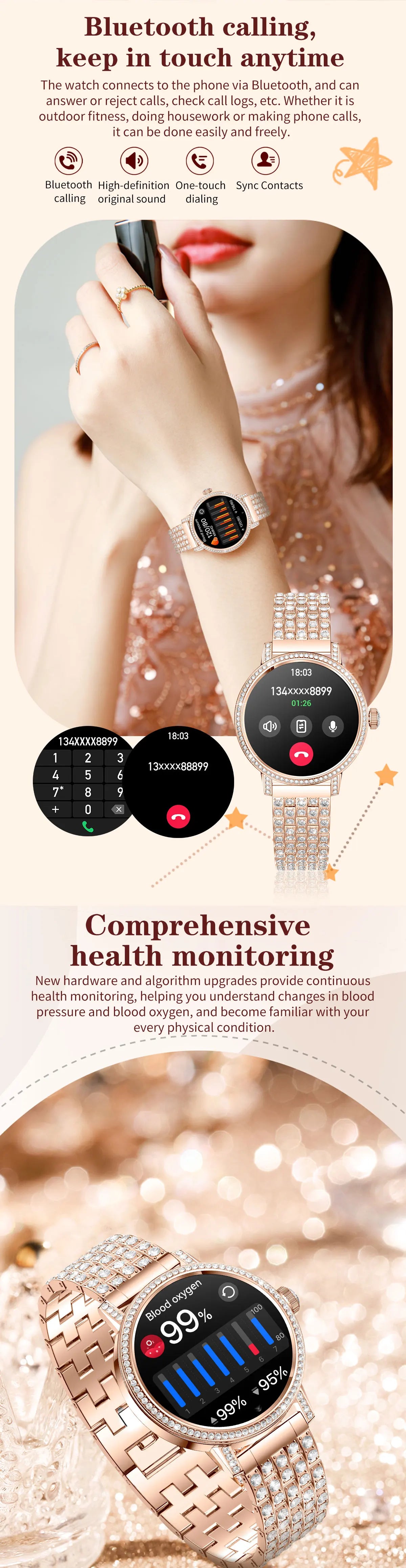 Luxury Bluetooth Call Smartwatch Women's Smart Watch Clock Ladies Gift Fitness Tracker Wrist Watches for Woman Android iOS 2026