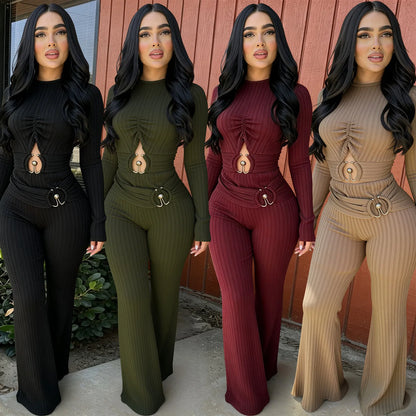 Solid Women Jumpsuits For Spring Autumn Long Sleeve O-Neck Loose Fashion Streetwear Hollowed Out Overalls Pants Trousers 2026