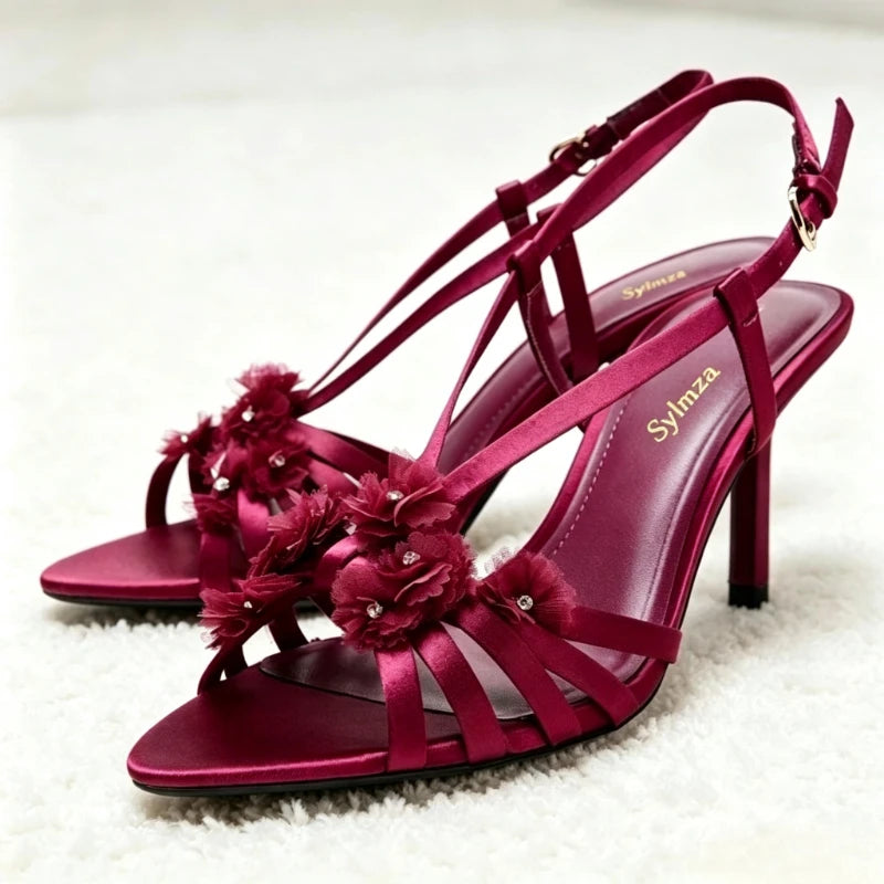Elegant Designer Heeled Sandals Women Luxury Rhinestone Flower Embellished Satin High Heels Sexy Open Toe Wedding Bridal Shoes