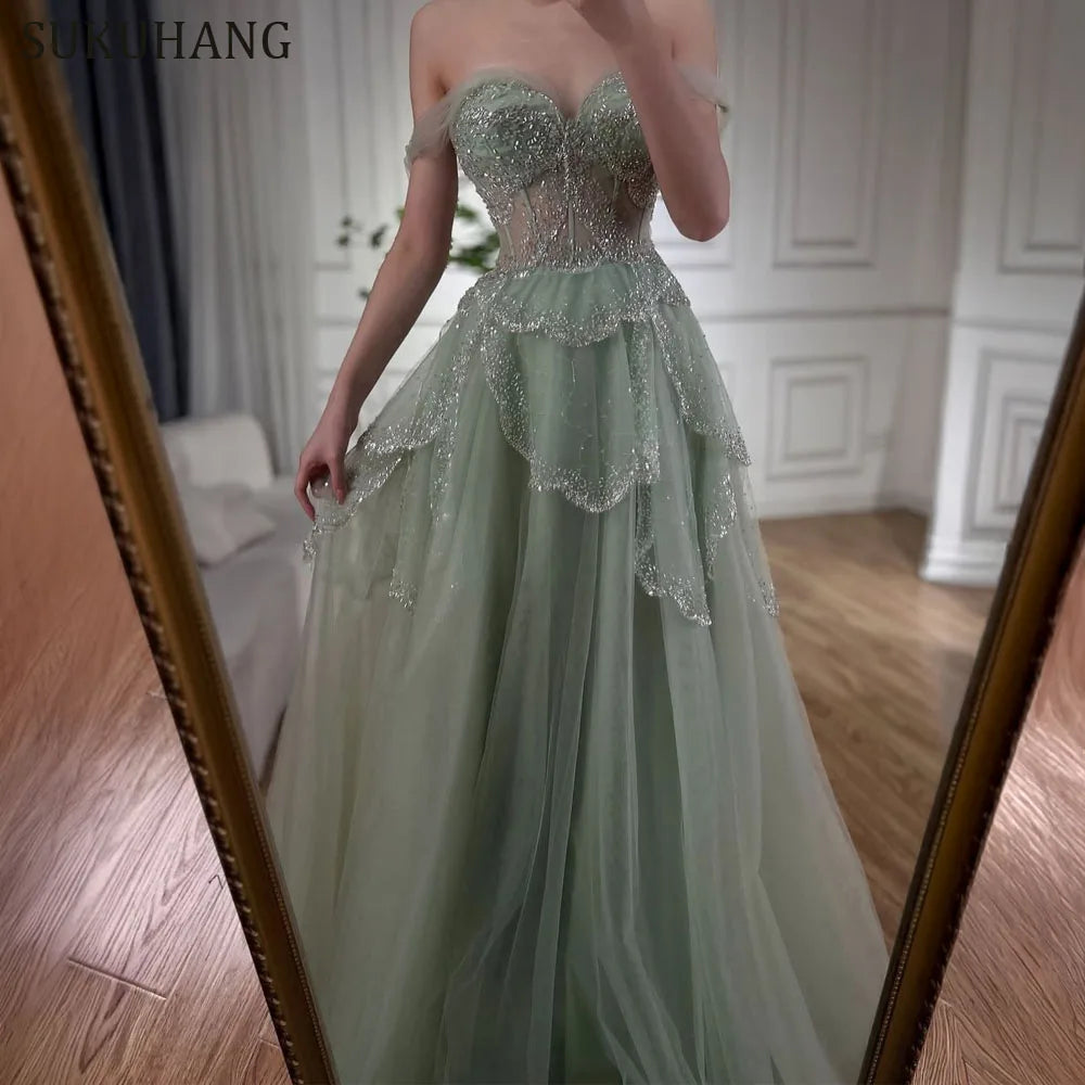 SUKUHANG Handmade Evening Dresses Layer Beaded Tulle Evening Dresses Off the Shoulder A-Line Prom Dresses Customized