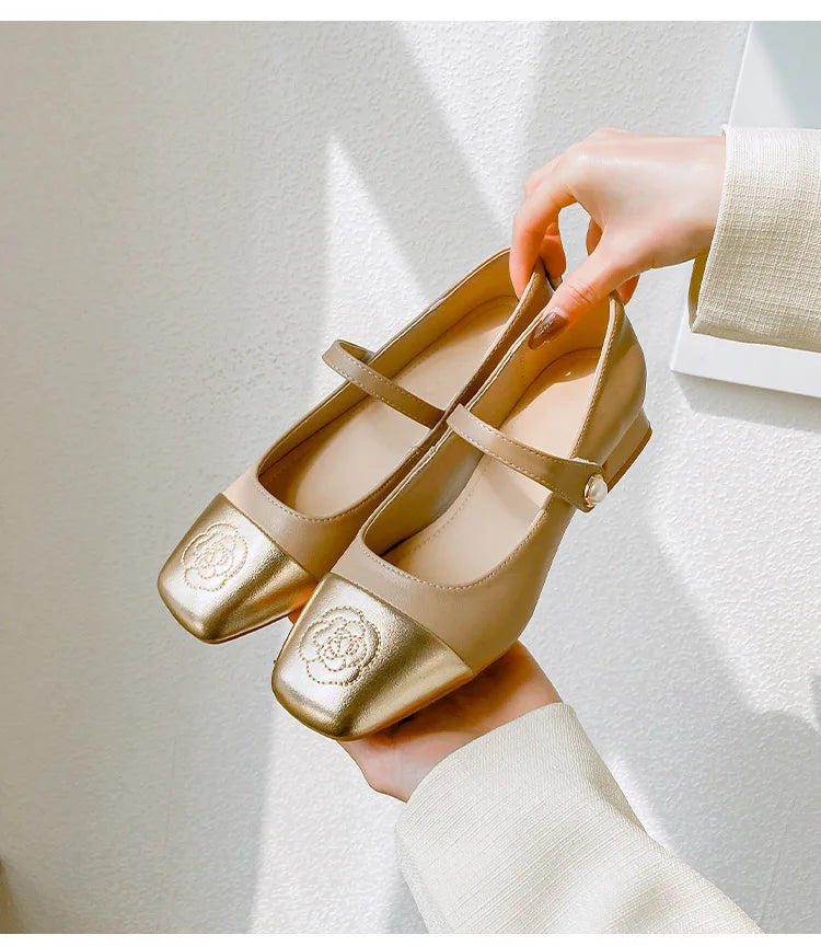 Fashion Mary Jane Women's Shoes 3cm Wide Heel Pumps Embroidered Flowers Pearl Buckle Strap Mary Jane Shoes Luxury Leather Heels