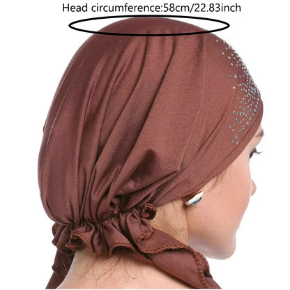 Fashion Muslim Headscarf Hat for Women Thin Summer Inner Hijab Caps Solid Color Diamond Turban Bonnet India Headwrap