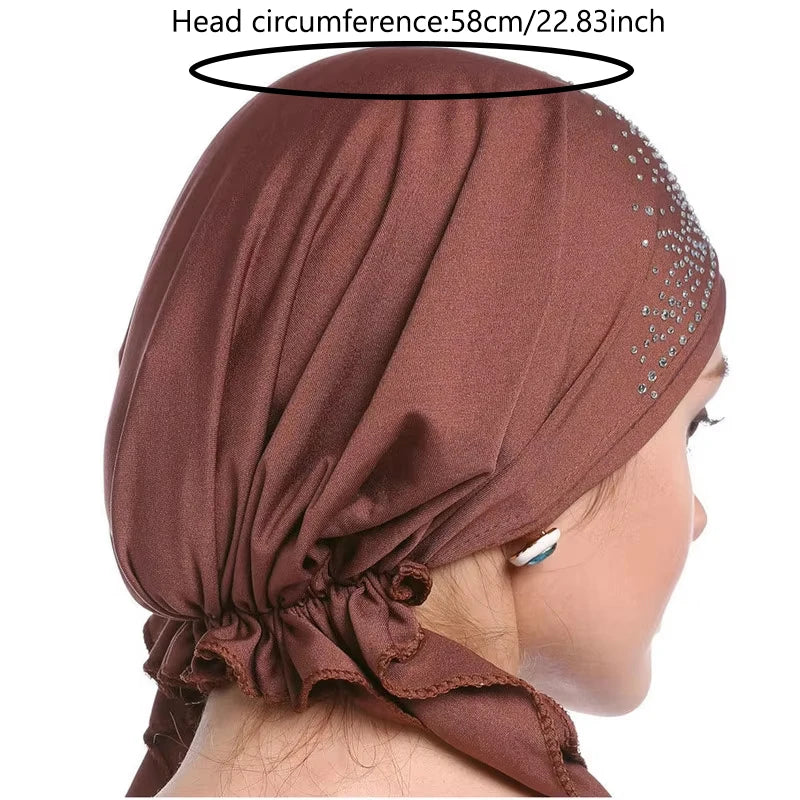 Fashion Muslim Headscarf Hat for Women Thin Summer Inner Hijab Caps Solid Color Diamond Turban Bonnet India Headwrap