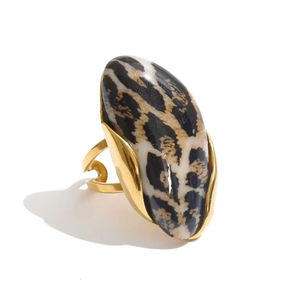 Yhpup New Design Brown Green Beige Resin Geometric Adjustable Ring Golden PVD Stainless Steel Rust Proof Finger Jewelry Gift