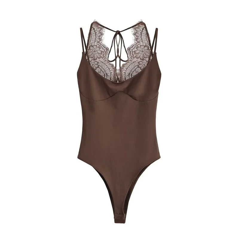 Women's Jumpsuit 2026 Spring New Solid Color Halter Neck Lace Splice Sexy Slim-Fit Romper Personalized Fashion