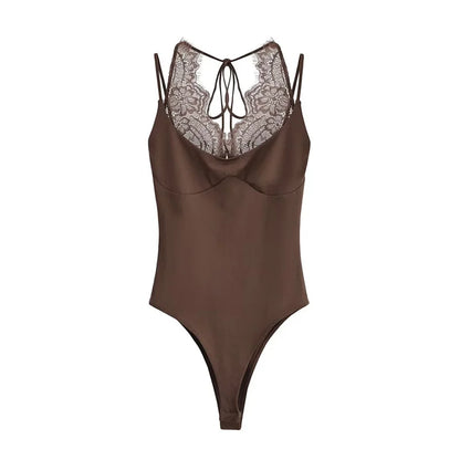 Women's Jumpsuit 2026 Spring New Solid Color Halter Neck Lace Splice Sexy Slim-Fit Romper Personalized Fashion
