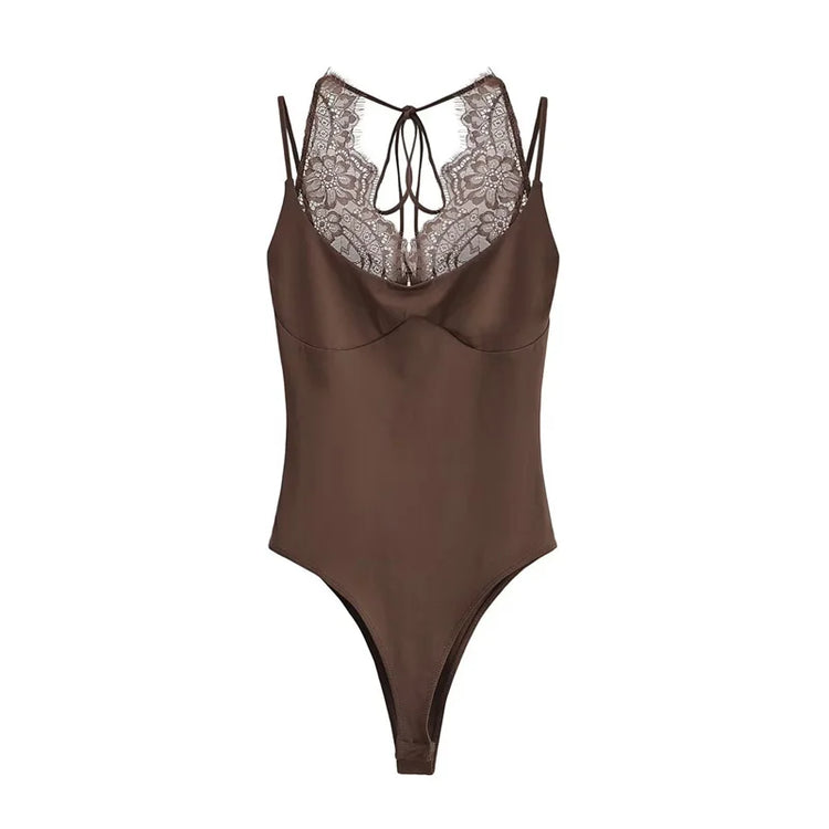 Women's Jumpsuit 2026 Spring New Solid Color Halter Neck Lace Splice Sexy Slim-Fit Romper Personalized Fashion