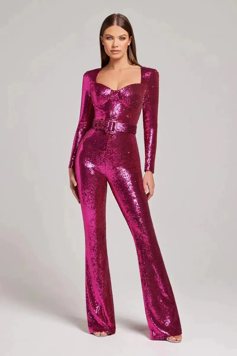 Jumpsuits Women Sequin One Piece Floor Length Pant Overalls Full Sleeve Bodycon Party Night Rompers Splice High Waist Belt