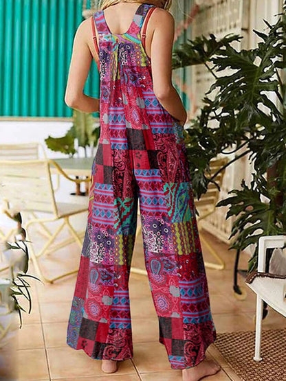 Captivating New Women Summer Overalls, Multicolor Ethnic Style Square Neck Sleeveless Casual Jumpsuit with Pockets for Girls