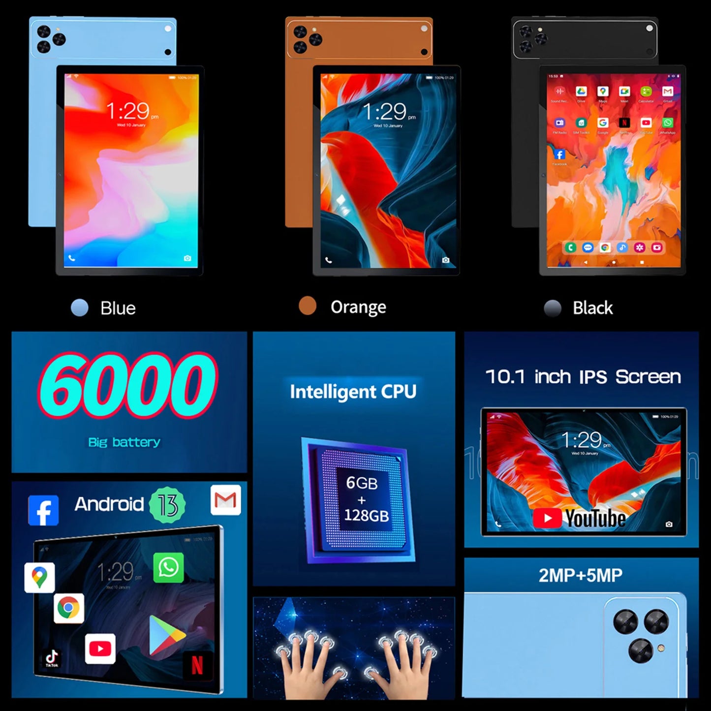 BDF-i17 Phone Tablets 10.1 Inch Octa Core 6GB RAM 128GB ROM Dual SIM Cards Call WiFi Bluetooth Google Play Tablet PC Android 13