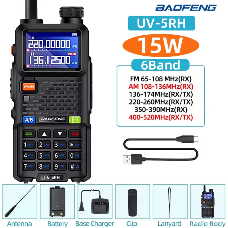 Baofeng UV5RH Handheld Walkie Talkie 15W 6000mAh Six Band Wireless Replication Frequency 999CH Supports Type-C Charging HAM 10km