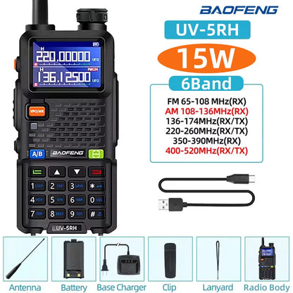 Baofeng UV5RH Handheld Walkie Talkie 15W 6000mAh Six Band Wireless Replication Frequency 999CH Supports Type-C Charging HAM 10km