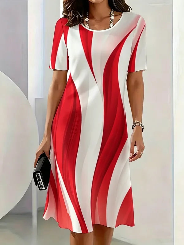 Summer Women Dress Fashion Gradient Striped Pattern Printed Dress Short Sleeve O-Neck Loose Casual A-Line Mini Dress