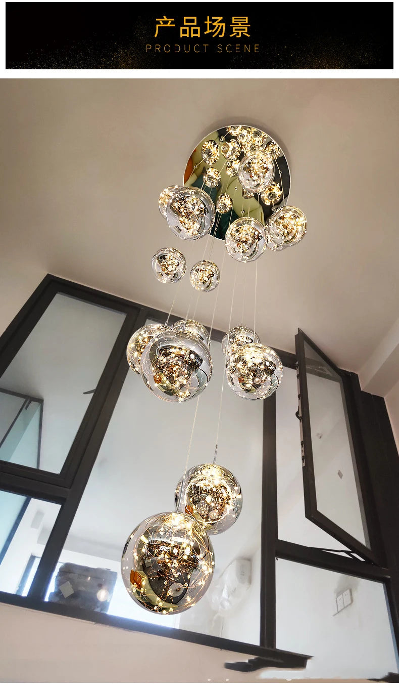 Modern LED Chandelier Glass Ball Dimmable Pendant Lamp for Staircase Living Room Home Decor Suspension Lighting Design Lusters