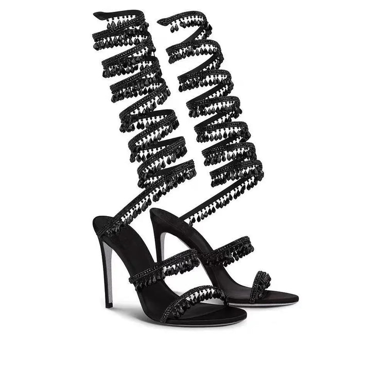 2026Women's New Water Diamond Sandals Fashion Tassel Crystal Shoes Sexy Banquet Party Twin Stiletto Women's Large Sandals