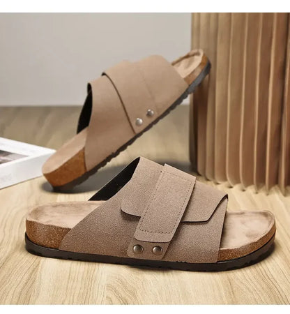 Cork Slippers Men Summer Beach Slides Suede Leather Womens Flat Sandals Fashionable Outdoor Male Mules Non Slip Babouche Femm