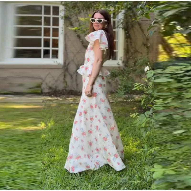 Women Printed V Neck Long Dress Flared Sleeve Lotus Leaf Edge High Waist Slim Fit Maxi Dresses Lady Elegant Evening Party Dress