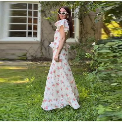 Women Printed V Neck Long Dress Flared Sleeve Lotus Leaf Edge High Waist Slim Fit Maxi Dresses Lady Elegant Evening Party Dress