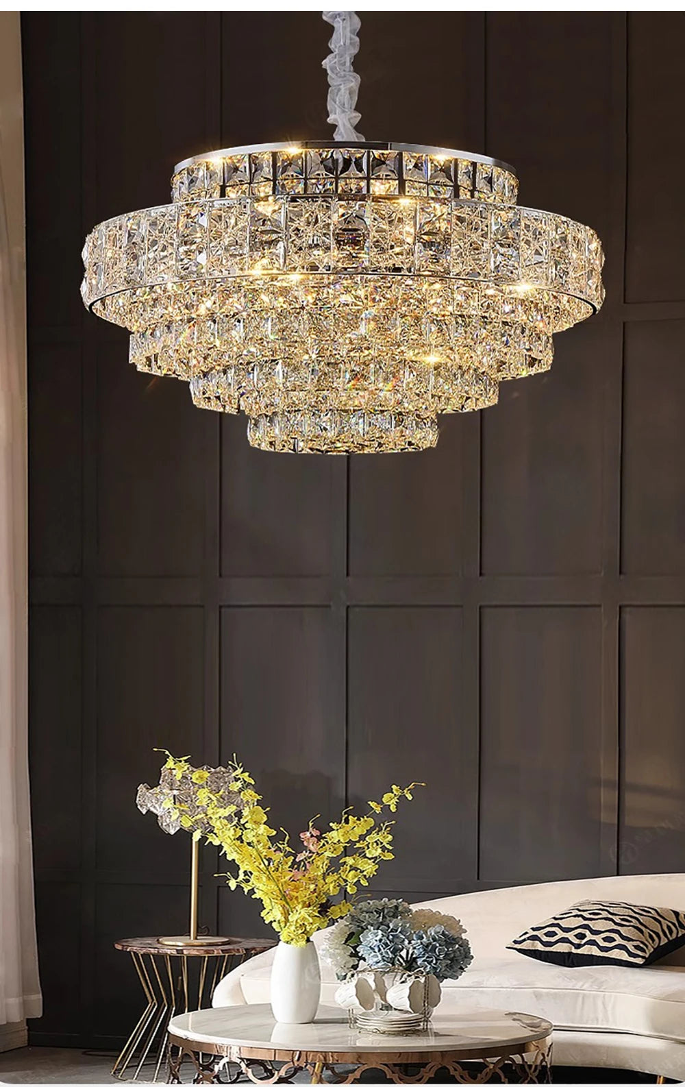 Luxury Glittering Crystal Long Pendant Lights Modern Lustres LED Oval Hanging Lamps for Ceiling Home Decor for Dining Room