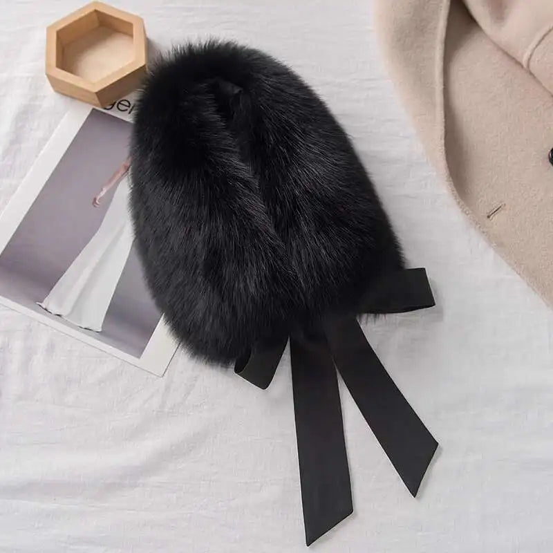 Winter Warm Fox Fur Collar Female Real Fur Collar Fashion Fluffy Clothing Accessories Collar Women Luxury Fur Scarf With Ribbons