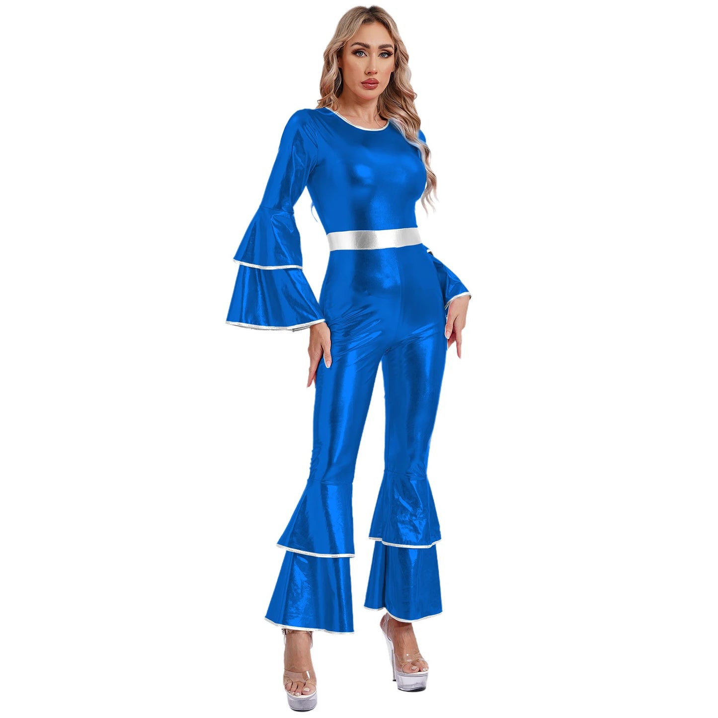 Womens 70S Disco Vintage Jumpsuit Metallic Shiny Flare Sleeve Bodysuit Hippie Bell Bottom Jazz Dance Carnival Rave Party Costume
