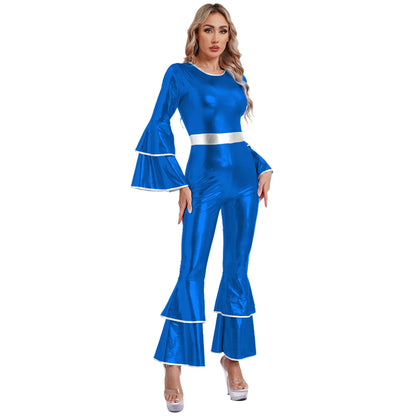 Womens 70S Disco Vintage Jumpsuit Metallic Shiny Flare Sleeve Bodysuit Hippie Bell Bottom Jazz Dance Carnival Rave Party Costume