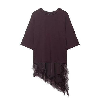 Women's Spring Summer Asymmetric Lace Trim Half Sleeve T-Shirt Back to School Casual Daily Wear Fashion Versatile Top 4 Colors