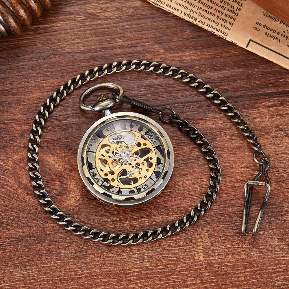 Vintage Transparent Hollow Women Men Skeleton Mechanical Pocket Watch Hand Winding With Waist Belts Chains Gift Watches Clock