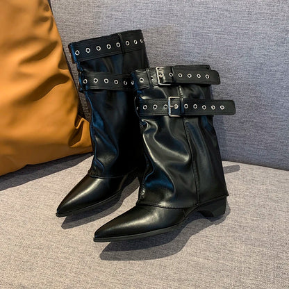 2025 Pointed Toe Women's Winter Boots Designer Mid Heels Elegant Shoes Pumps Fashion Boots New Trend Dress Gothic Ladies Boots