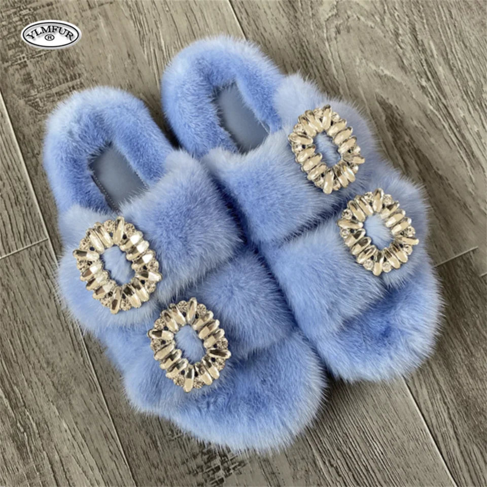 2025 New Women Fur Slippers Shoes Women Warm Winter Crystal Fur Shoes For Women Slippers Casual Plush Comfortable Mink Slippers