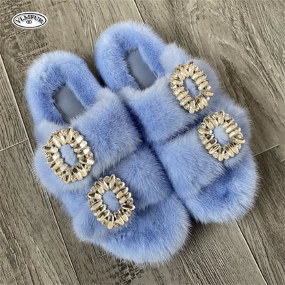 2025 New Women Fur Slippers Shoes Women Warm Winter Crystal Fur Shoes For Women Slippers Casual Plush Comfortable Mink Slippers