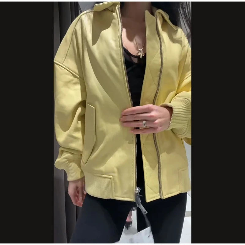 Faux Leather Bomber Jacket Oversized Collared Long Sleeve 2026 Spring Edgy Women Faux Leather Coat Fashion  Bold Lady Outerwear