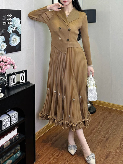EGRM Miyake Pleated Long Dress Autumn Hot Sale Women's Double Breasted Waist Cinching Slimming High-end Stylish Versatile Skirt