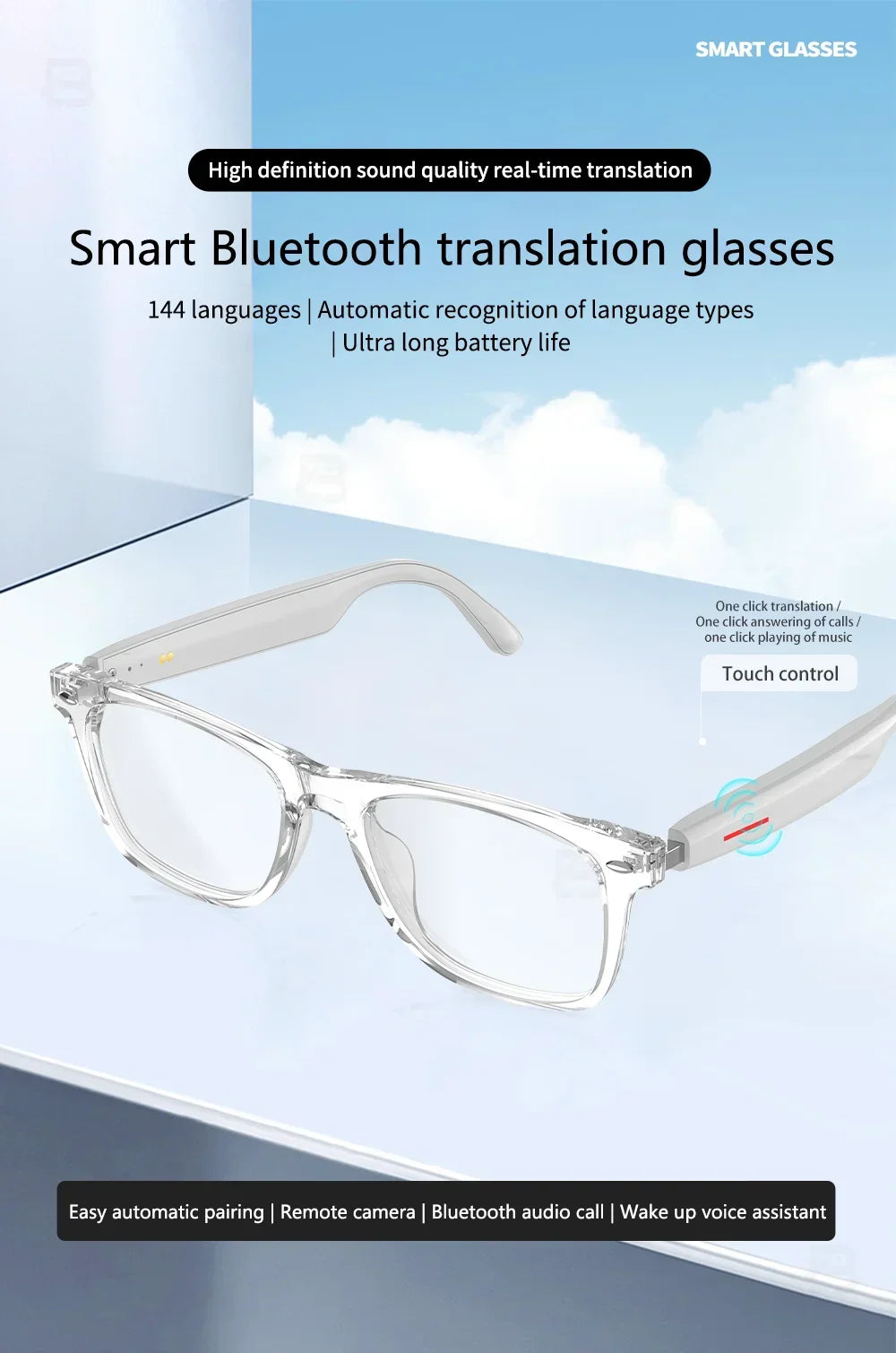 Smart Glasses 144 AI Languages Translator Chat Intelligent Bluetooth Call Glass Touch Headset Real-time Sunglasses for Women Man