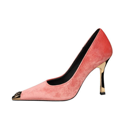 Women Peach Pink Velvet Metal Capped Pointed Toe Pumps Gold Trapezoid Thin High Heels Gentle Retro Luxury Date Banquet Ladies