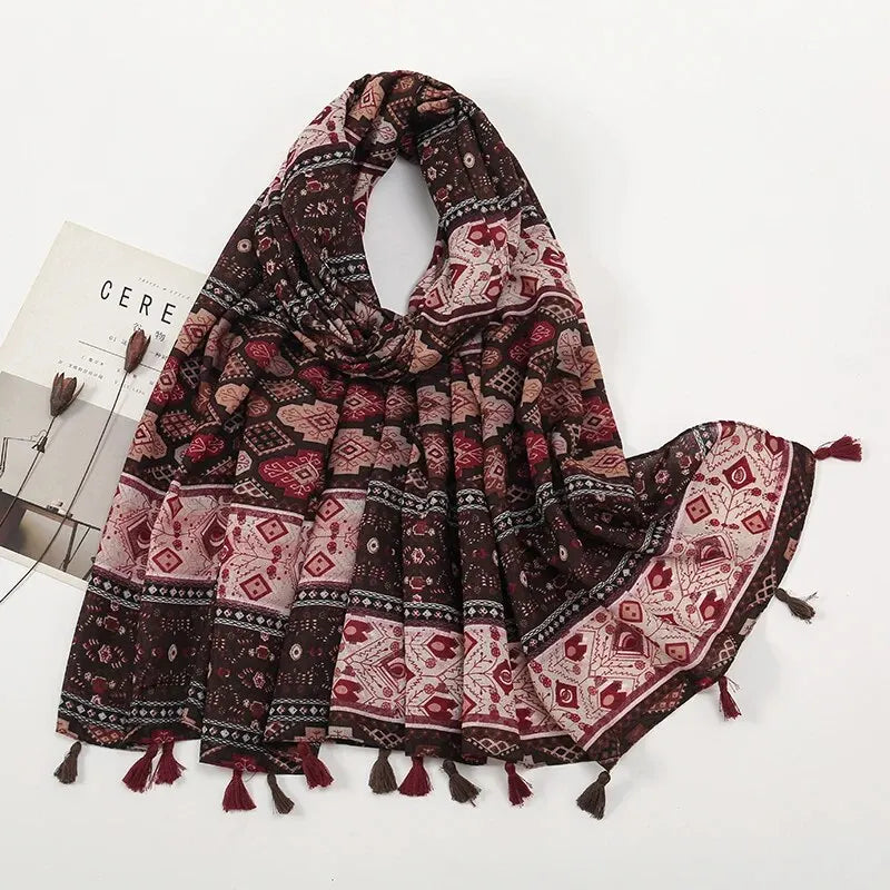 Summer Printing Geometry Tassel Scarf Women Artistic Luxury Fashion Versatile Thin Breathable Headscarf Shawls 185*80cm