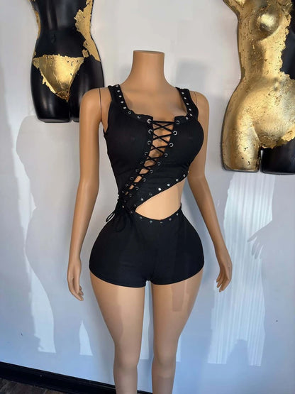 STYLISH LADY Cut Out Lace Up Playsuits 2025 Summer Women Sleeveless O Neck Bodycon Black Sexy Club Party Rompers