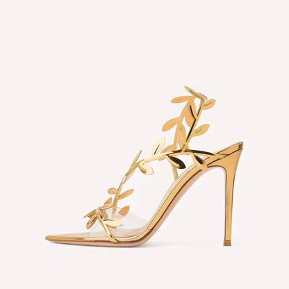 2026 Summer Fashion Patent Leather Gold Leaf Women Sandals Elegant Pointed Toe Thin High Heels Gladiator Sandalias Party Shoes