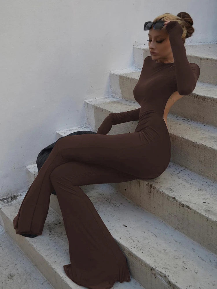 SIsterlinda Solid Sexy Backless Bodycon Wide Leg Jumpsuit Women Autumn Casual Slim Long Sleeve O-Neck Playsuit Lady Streetwear
