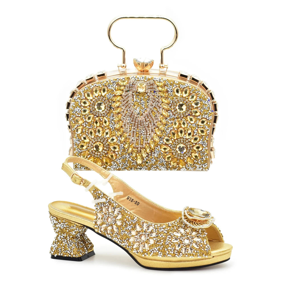 Italian Shoes and Bags Matching Set with Rhinestone Nigerian Women Shoes and Bag Set with Appliques Full Crystal for Dress