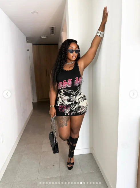 STYLISH LADY Letter Graphic Rhinestone Mini Dress Women Sleeveless Bodycon Tank Dress Gothic Streetwear Night Club Party Dresses