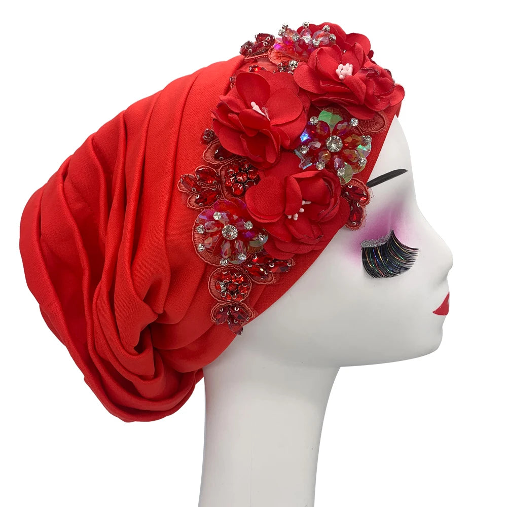 Elegant Flower Diamonds Women's Turban Cap African Party Headwear Hat Lady Head Wraps Muslim Headscarf Hats Turbante Mujer