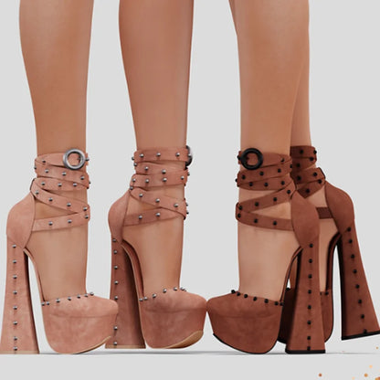 Brown Rivet Cut Out Platform Pumps Chunky Heel Sexy Fashionable Cool Summer Casual Big Size Woman Shoes Zapatillas Mujer