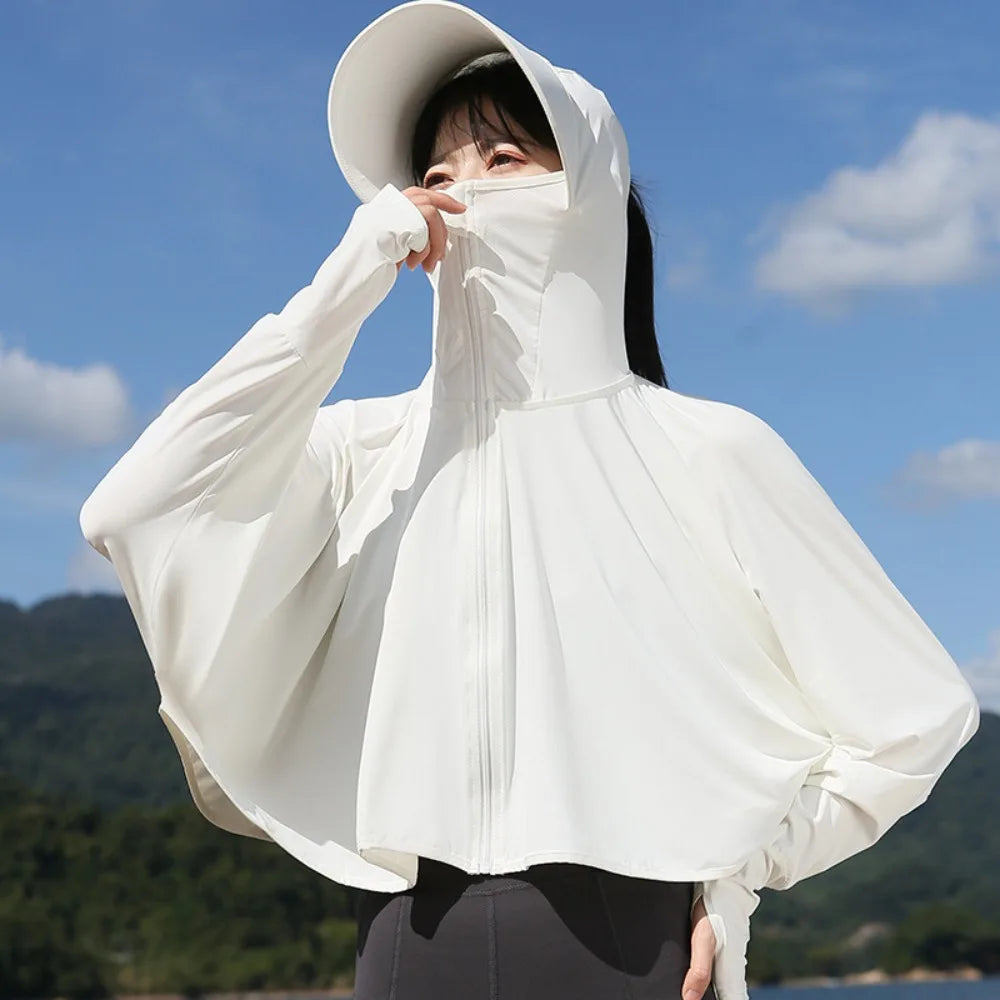 Solid Color Sunscreen Hoodie Long Sleeve Large Brim Hat Summer Sunscreen Shawl Thin Arm Sleeves Ice Silk Short Jacket Running