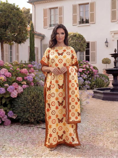 Boho Butterfly Flower Geometric Print Satin Abaya Scarf Set, Loose Batwing Maxi Kaftan For Muslim Women Beach Vacation Wear
