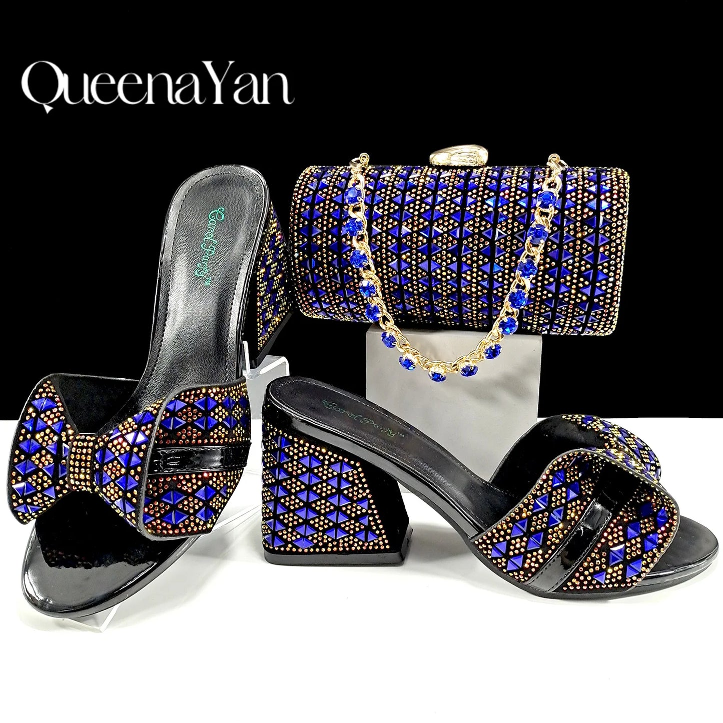 QSGFC Italian Fashion Banquet Shoes and Bags African Women's Hand Bags with Rhinestone Decoration and Women's High Heels